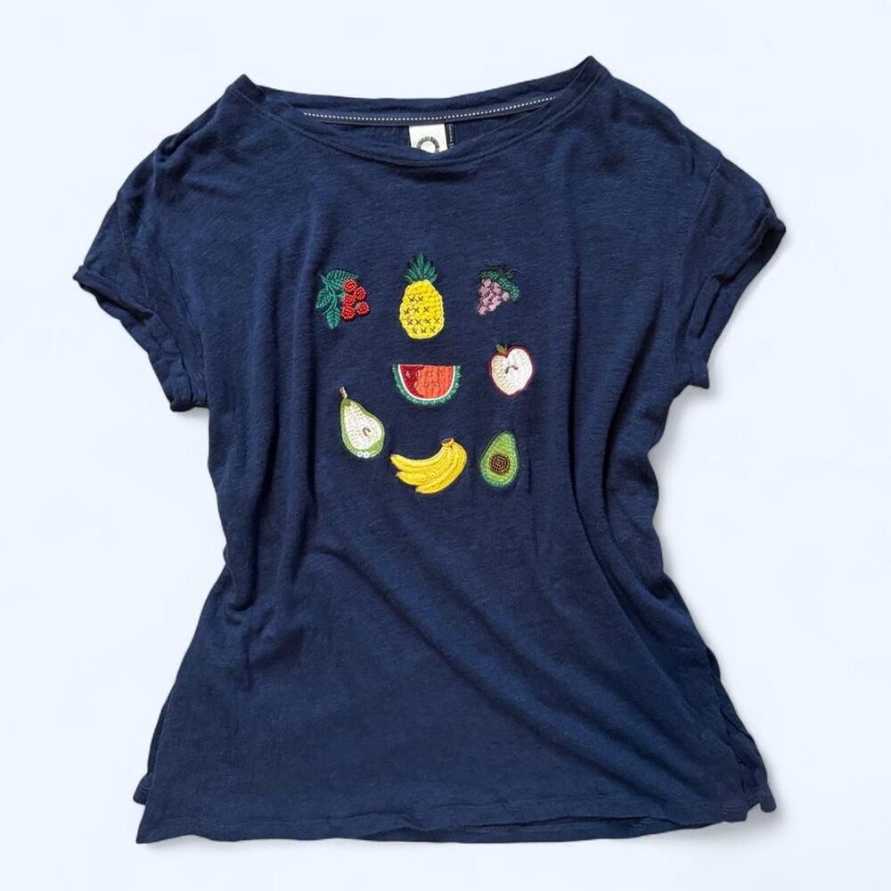 Akemi + Kin Navy Blue Linen Shirt with Embroidered Fruit Decals